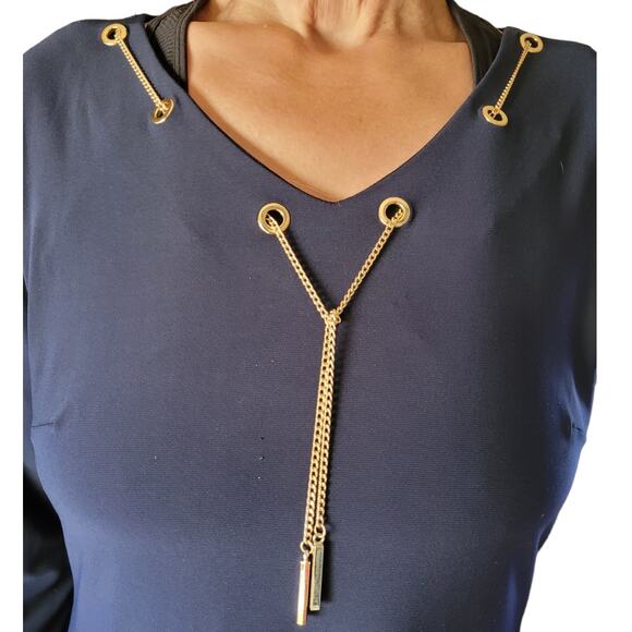 Nine West Blue Midi Dress M Gold Chain Necklace Bodycon Career Church Glam - Picture 2 of 9